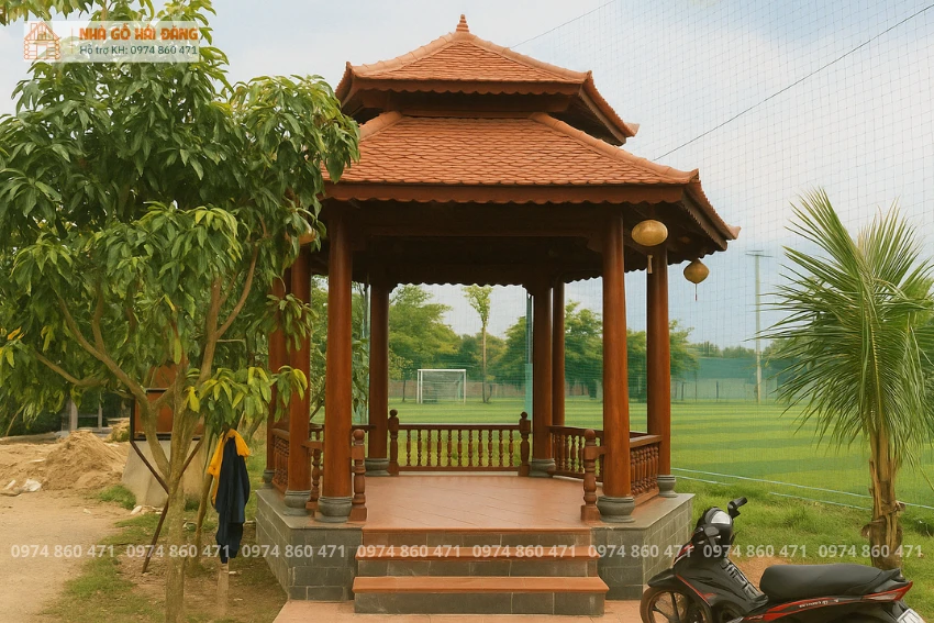 Chòi nghỉ gỗ 6 cạnh tạo không gian thư giãn lý tưởng tại sân vườn Hải Phòng
